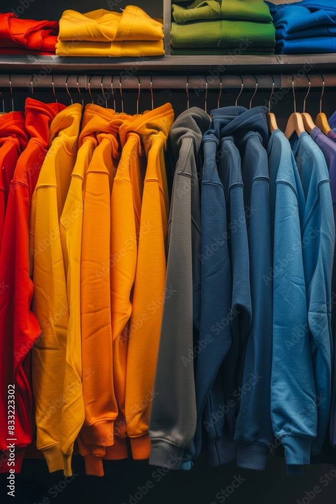 A vibrant array of hoodies on a clothing rack A vibrant array of hoodies on a clothing rack