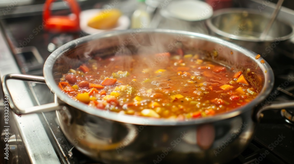 A pot of homemade soup simmering on a stovetop, filling the kitchen with comforting aromas A pot of homemade soup simmering on a stovetop, filling the kitchen with comforting aromas