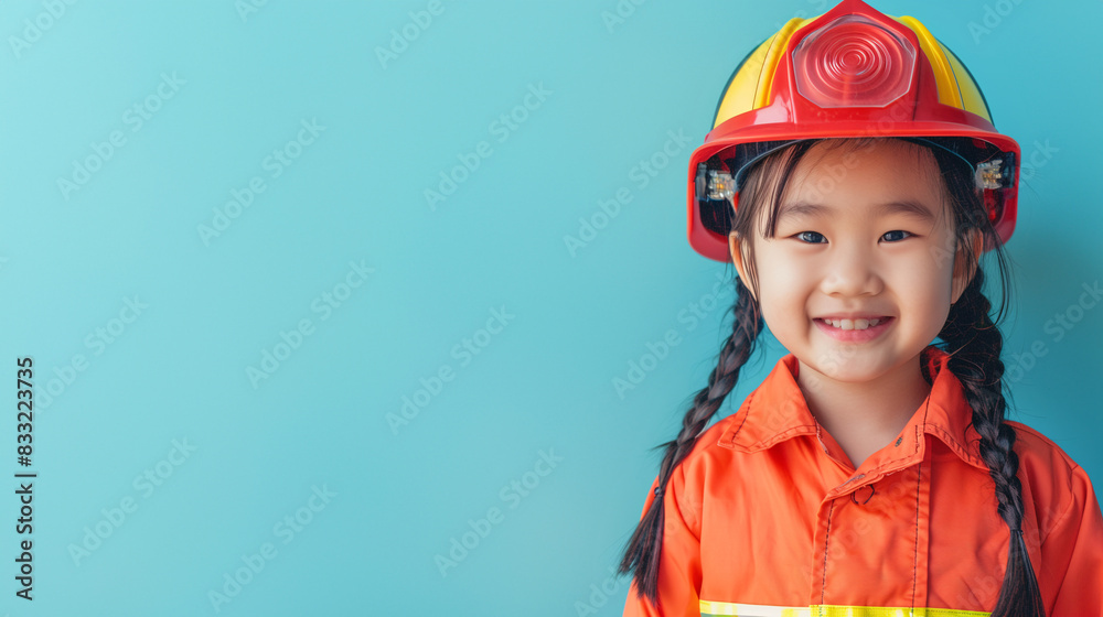 A cute happy smiling young Southeast Asian girl dresses like a fireman on a plain blue background with copy space for text. A cute happy smiling young Southeast Asian girl dresses like a fireman on a plain blue background with copy space for text.
