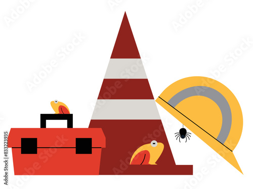 Traffic cone, helmet and toolbox