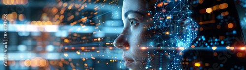 Close-up of a human face with digital overlays, representing AI integration, data visualization, and futuristic technology concepts.