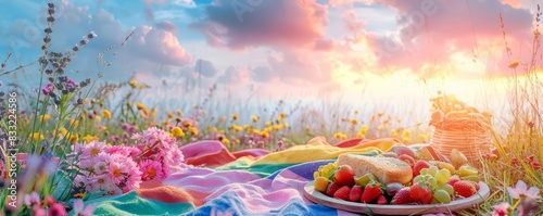 A picnic at sunset with rainbowthemed food and decorations, leaving ample copy space in the sky area photo