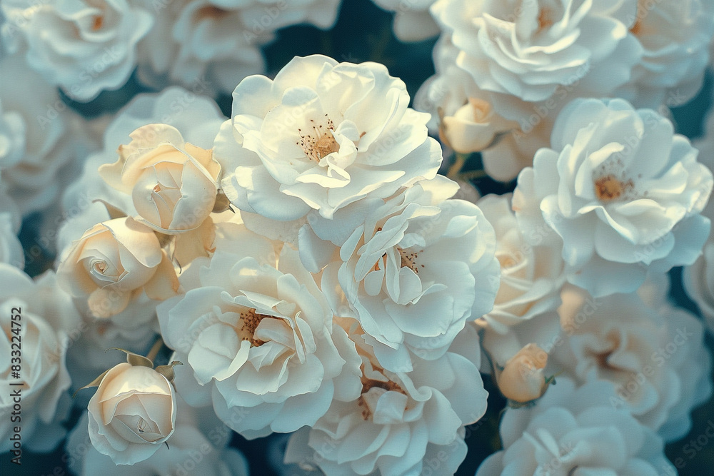 A cluster of white roses with their velvety petals. A cluster of white roses with their velvety petals.