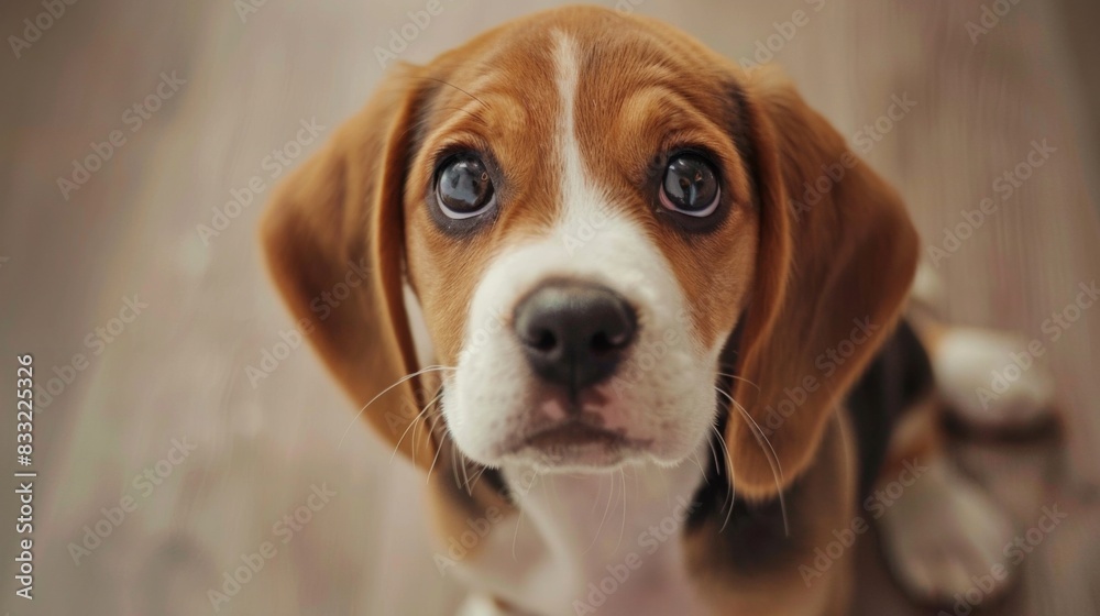 A sweet Beagle puppy with soulful eyes, tilting its head curiously at the camera A sweet Beagle puppy with soulful eyes, tilting its head curiously at the camera