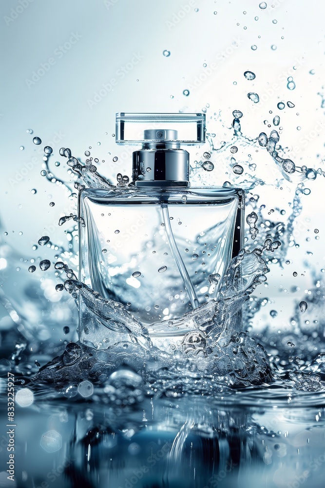 A sleek perfume bottle amidst captivating water splashes A sleek perfume bottle amidst captivating water splashes