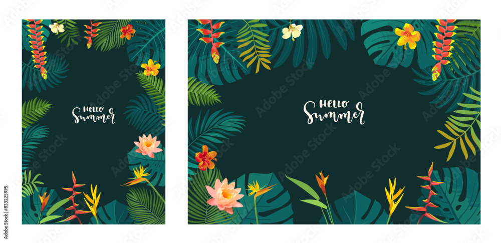 Set of vector Hello Summer tropical jungle flyer, poster, banner ...