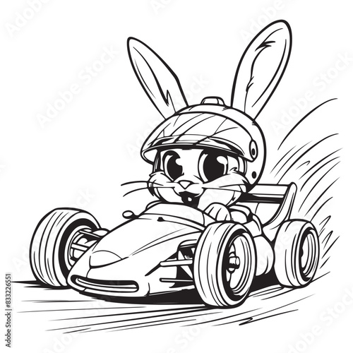 Cute easter bunny sitting in formula car, black vector illustration for kids coloring book
