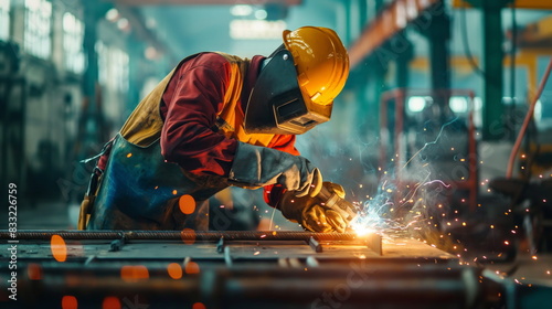 construction worker using a welding torch to join metal pieces