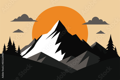 Sunrise Sunset Mountain Forest Wild Nature Landscape Monochrome vector Illustration