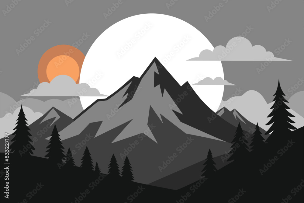 Sunrise Sunset Mountain Forest Wild Nature Landscape Monochrome vector Illustration