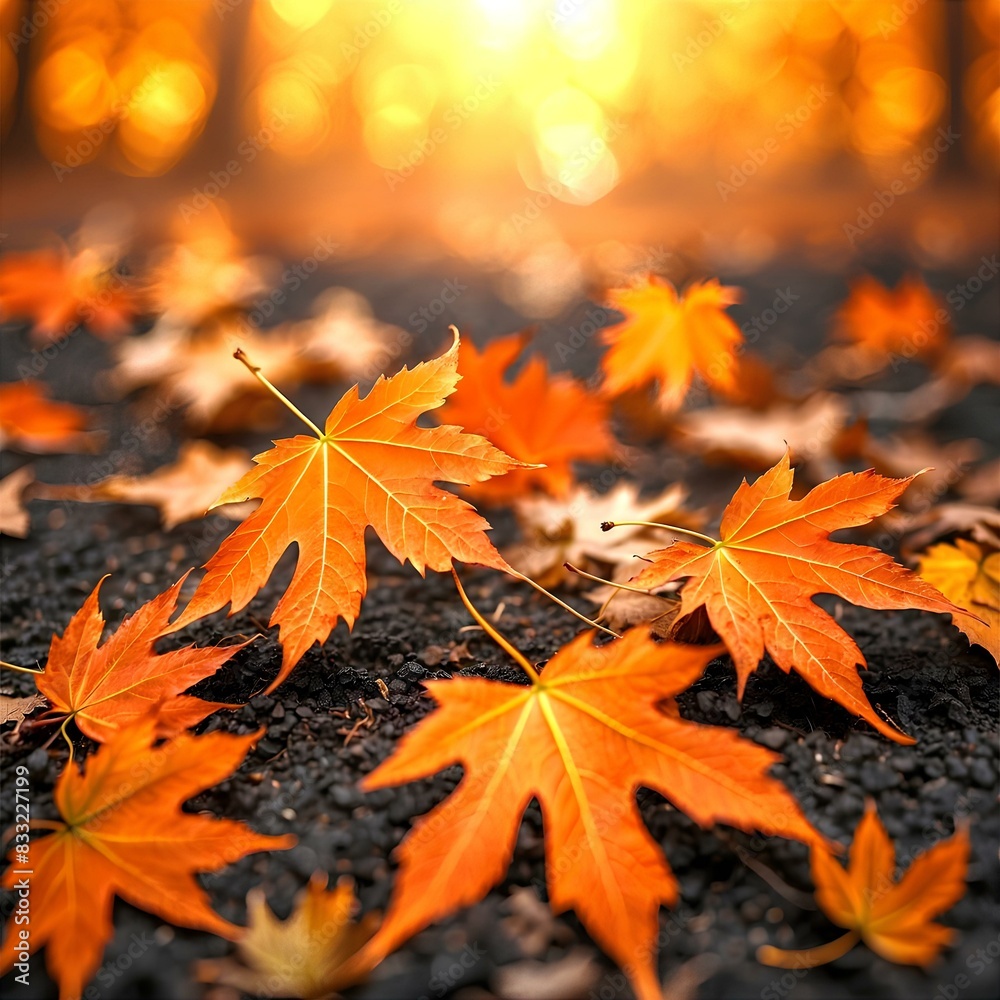 Orange maple leaves on the ground with a bokeh effect defocused background, Generative AI Orange maple leaves on the ground with a bokeh effect defocused background, Generative AI
