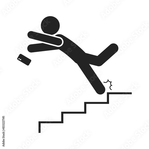 Isolated pictogram of man fall on stair with phone, for safety sign do not use mobile phone on stairs