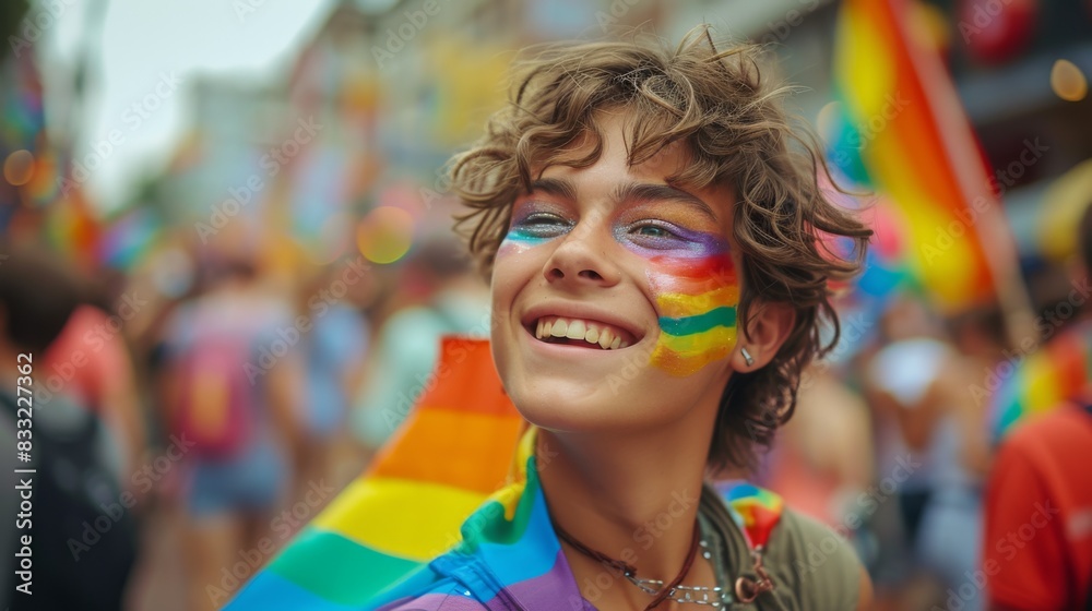 Joyful young participant with rainbow face paint smiles brightly at Pride parade, symbolizing LGBTQ+ unity and celebration