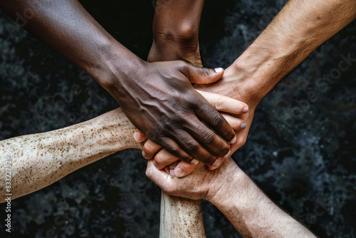 Diverse group of hands clasped together on dark background, symbolizing unity