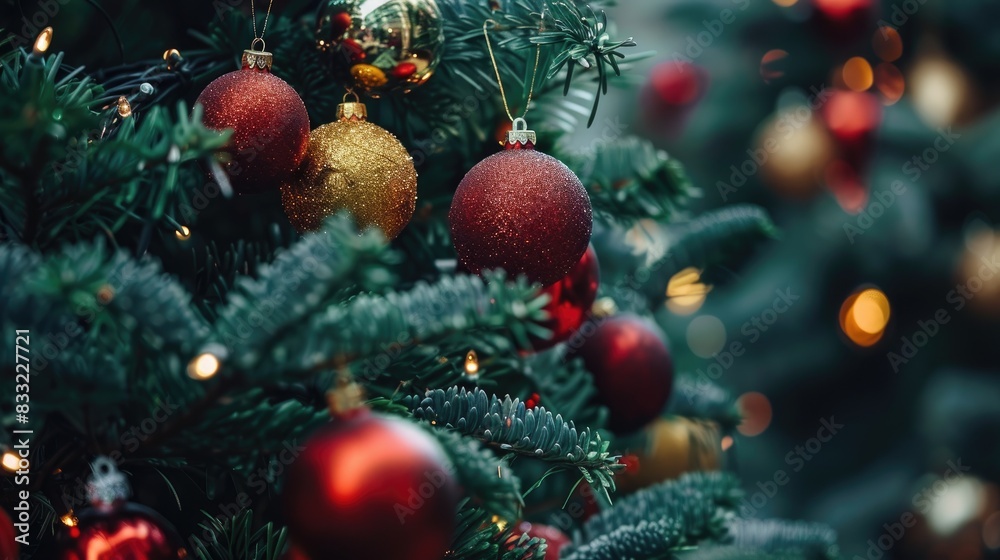 Christmas tree adorned with baubles in close up Christmas tree adorned with baubles in close up