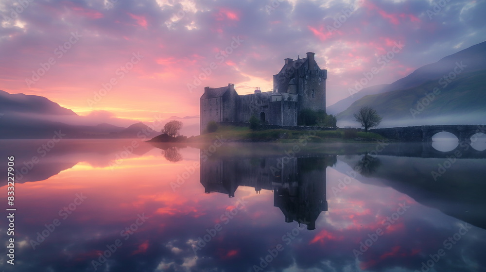 historic castle reflected in the still waters of a lake at dawn