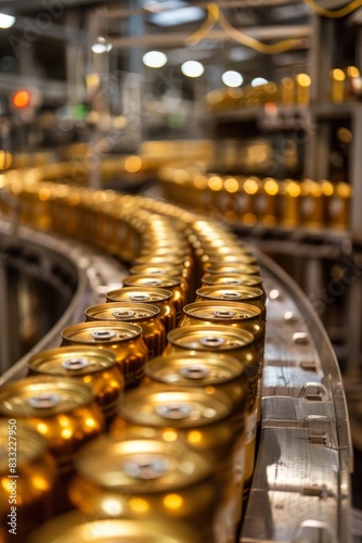 A production line of canned goods creates an industrial rhythm in a factory setting