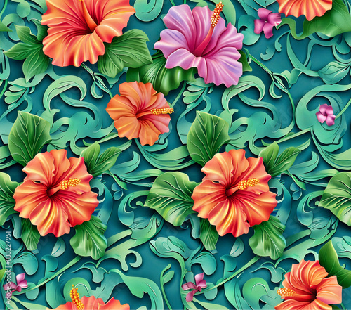 Art Nouveau Fantasy Garden: 3D pattern of tropical hibiscus flowers intertwined with graceful, flowing lines and elaborate swirls in the Art Nouveau style. Include fairytale elements like mys