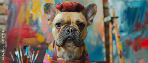 A French Bulldog as an artist, wearing a tiny beret and smock, with paintbrushes and a easel with a colorful painting  photo