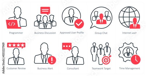 A set of 10 seo icons as programmer, business discussion, approved user profile