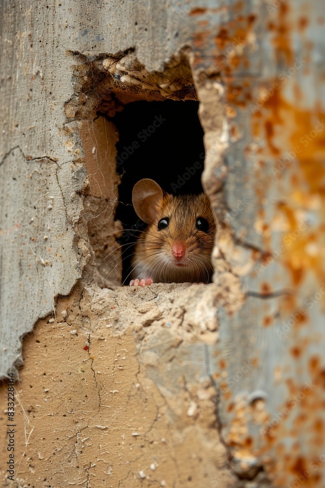 little cute mouse peaking trough hole in the wall little small rat animal 