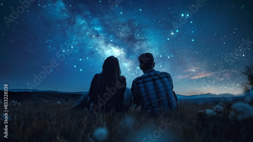 Man and woman stargazing while lying on the grass in the field