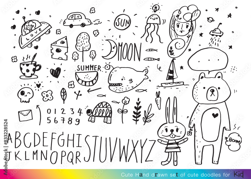 Collection of hand drawn cute doodles,Doodle children drawing,Sketch set of drawings in child style,Funny Doodle Hand Drawn,Page for coloring, cute animal hand drawn