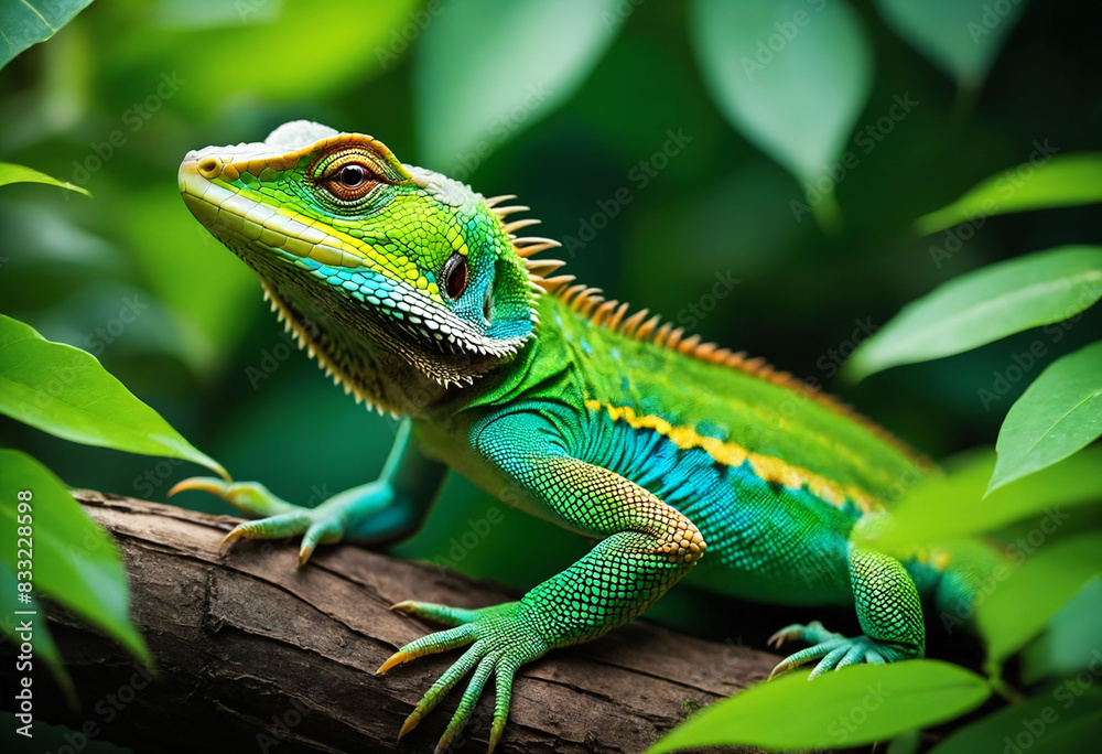 Obraz premium Vibrant lizard amidst lush green foliage in natural habitat
