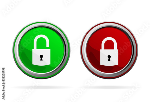 Locked and unlocked buttons with chrome frame. Vector illustration isolated on white background