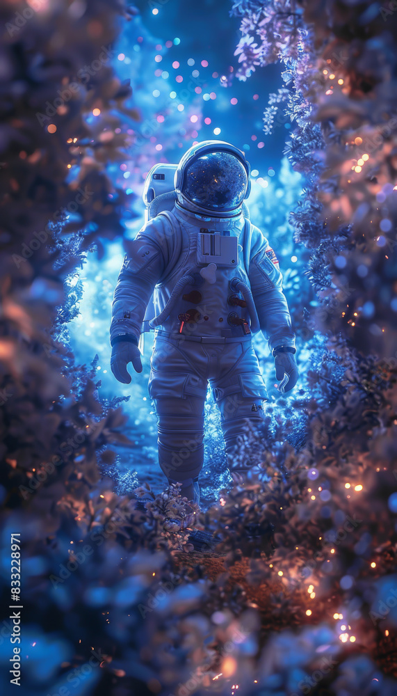 Fototapeta premium Astronaut exploring an ethereal, glowing forest scene, blending science fiction with fantasy in a striking, otherworldly environment.