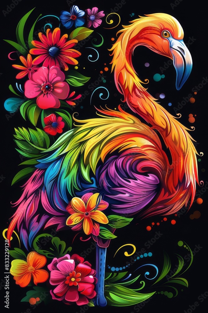 flamingo with beautiful flowers and depth of field artwork with a dark background flamingo with beautiful flowers and depth of field artwork with a dark background