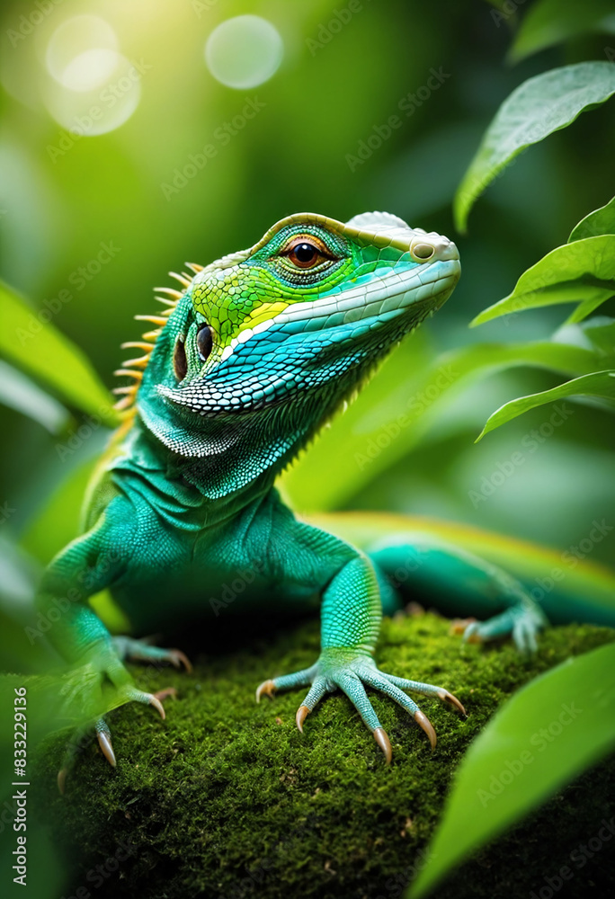 Obraz premium Vibrant lizard amidst lush green foliage in natural habitat