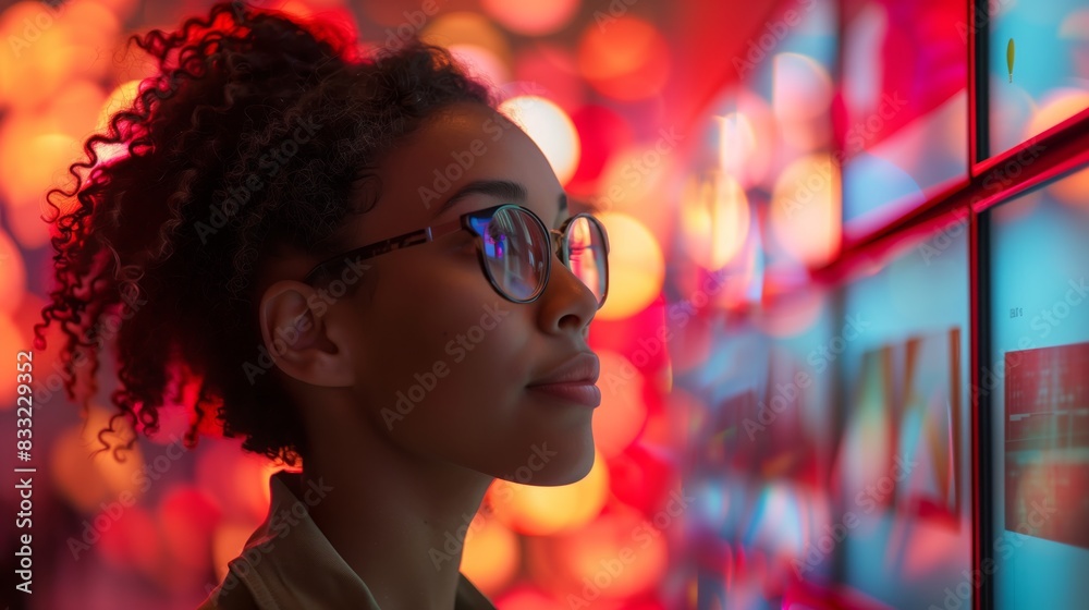 Profile of a young woman with glasses observing vibrant, colorful digital screens, with bokeh lights in the background. Profile of a young woman with glasses observing vibrant, colorful digital screens, with bokeh lights in the background.