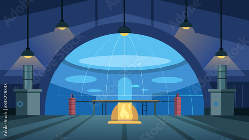 Inside the towering dome light glimmers off of pipes and tanks holding valuable natural gas that has been safely stored away for future use.. Vector illustration