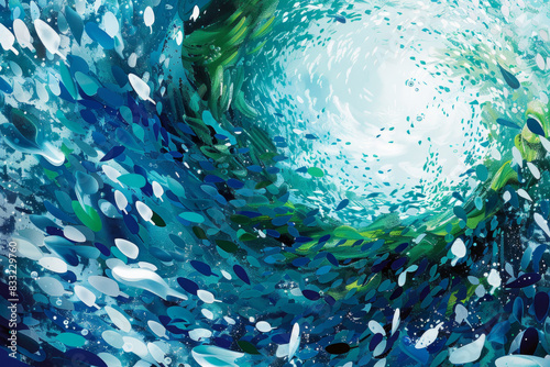 Swirling fish in blue water