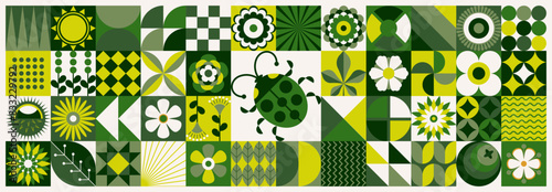 Spring illustration. Minimal geometric floral pattern. Scandinavian style. A set of mosaic shapes. Vector flat style with forest element and ladybug, wild berries, blueberries, ladybug, leaves.