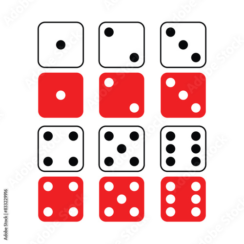 Dice graphic icons set, red and white color vector ludo dice. a large set of dice. gambling objects to play in casino
