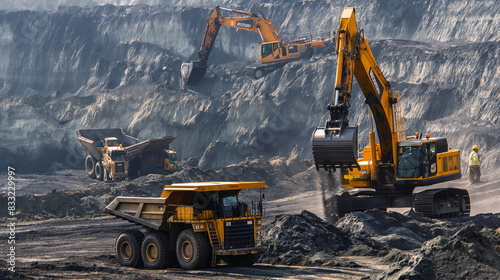 Workers using heavy machinery to clear overburden and access coal seams in a surface mine photo