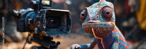 Ecstatic Chameleon Filming on Set: Joyful reptile with a camera in a film production environment.