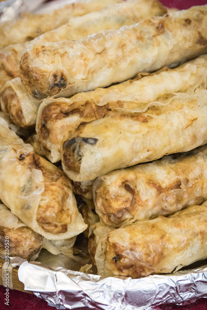 Aromatic crunchy spring rolls with meat and vegetables. Traditional Chinese cuisine Aromatic crunchy spring rolls with meat and vegetables. Traditional Chinese cuisine
