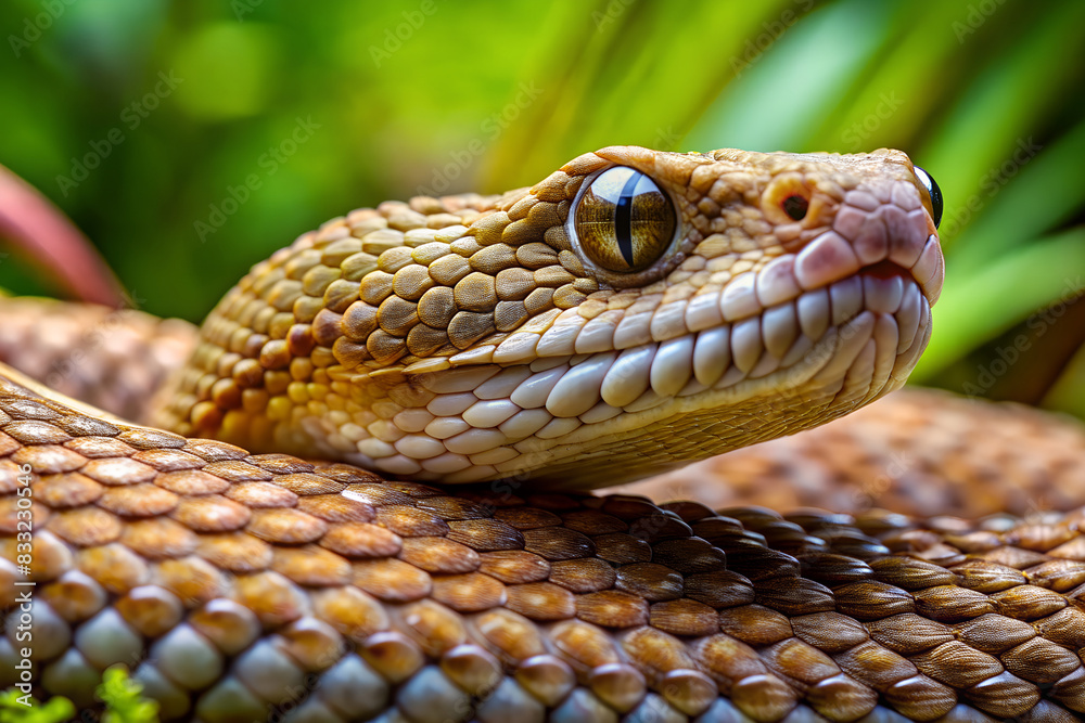Venomous Viper. Reptile Snake Photo for 2025 Year symbol. Close-up. Blurred jungle background. Venomous Viper. Reptile Snake Photo for 2025 Year symbol. Close-up. Blurred jungle background.