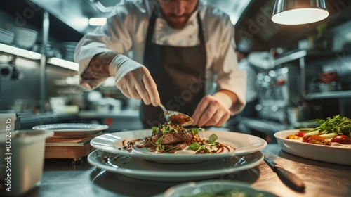 Chef plating a gourmet dish in a high-end restaurant kitchen photo