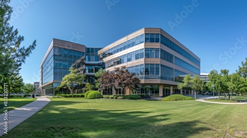 A panoramic view of an office building's exterior 