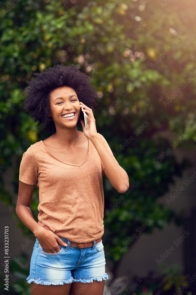 Phone call, portrait and smile with black woman in garden of home for communication or networking. Afro, casual and flare with happy person talking on mobile in backyard for summer conversation Phone call, portrait and smile with black woman in garden of home for communication or networking. Afro, casual and flare with happy person talking on mobile in backyard for summer conversation