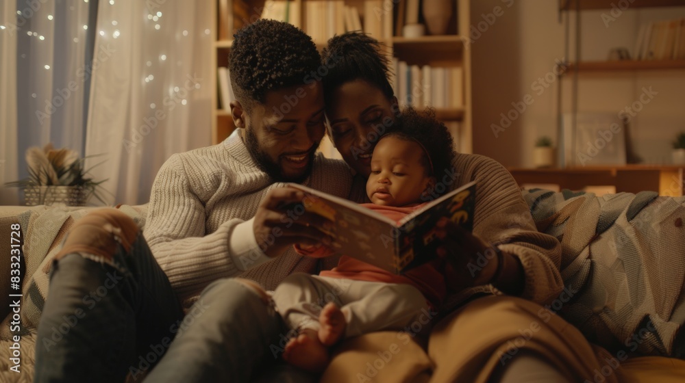 Portrait of Parents reading a storybook to their child in a cozy living room Portrait of Parents reading a storybook to their child in a cozy living room