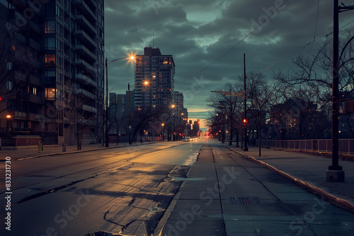 Quiet Dusk Cityscape: Signs of Urban Decline and Diminished Activity   photo