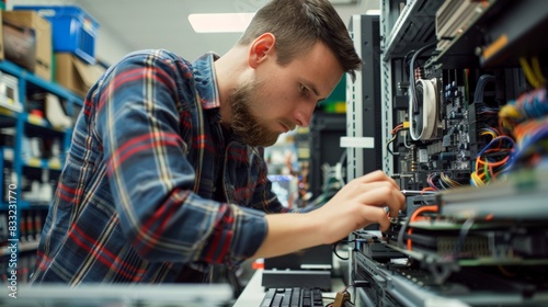Technician repairing a computer in a tech repair shop