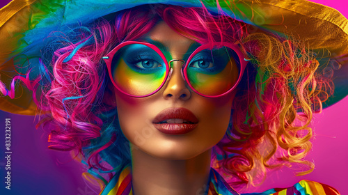 Close-up shot of a model with vibrant makeup, a bright hat, and large glasses