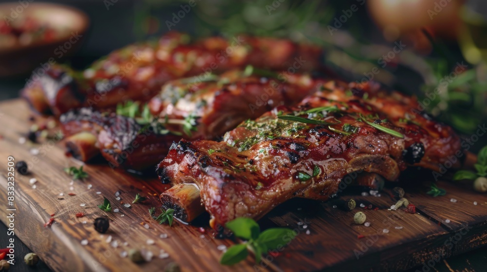 Close-up of succulent grilled pork spare ribs on a wooden cutting board, garnished with herbs and spices Close-up of succulent grilled pork spare ribs on a wooden cutting board, garnished with herbs and spices