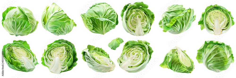 Obraz premium Cabbage on white background. Whole, half, slice, cabbage set.
